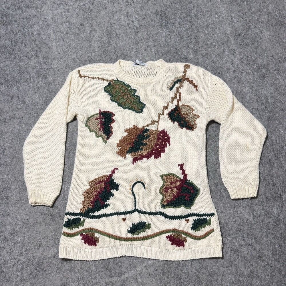 Vtg Cabin Creek Ramie Blend Knit Sweater Womens M Fall Autumn Leaves Embroidered